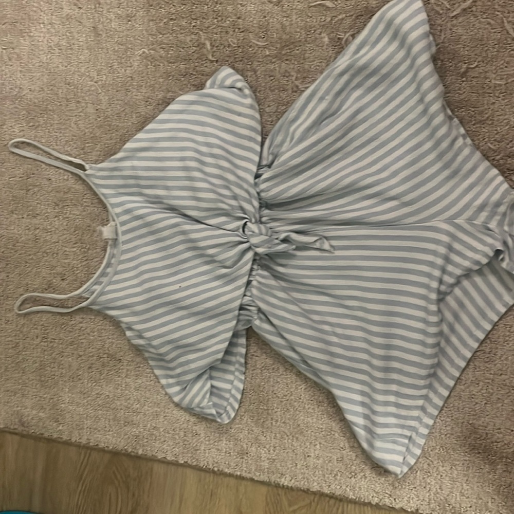 Caution to the wind, blue and white striped romper